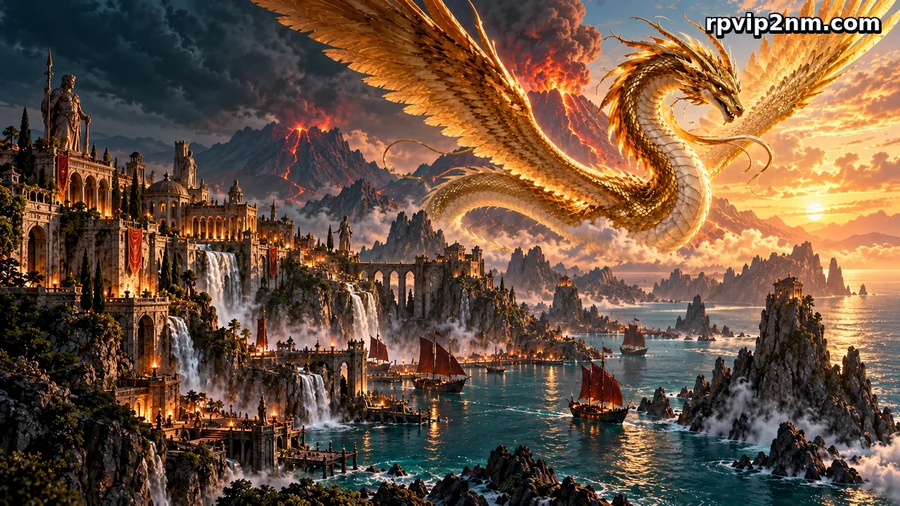 rpvip2 — Naga emas terbang di atas pelabuhan fantasi
